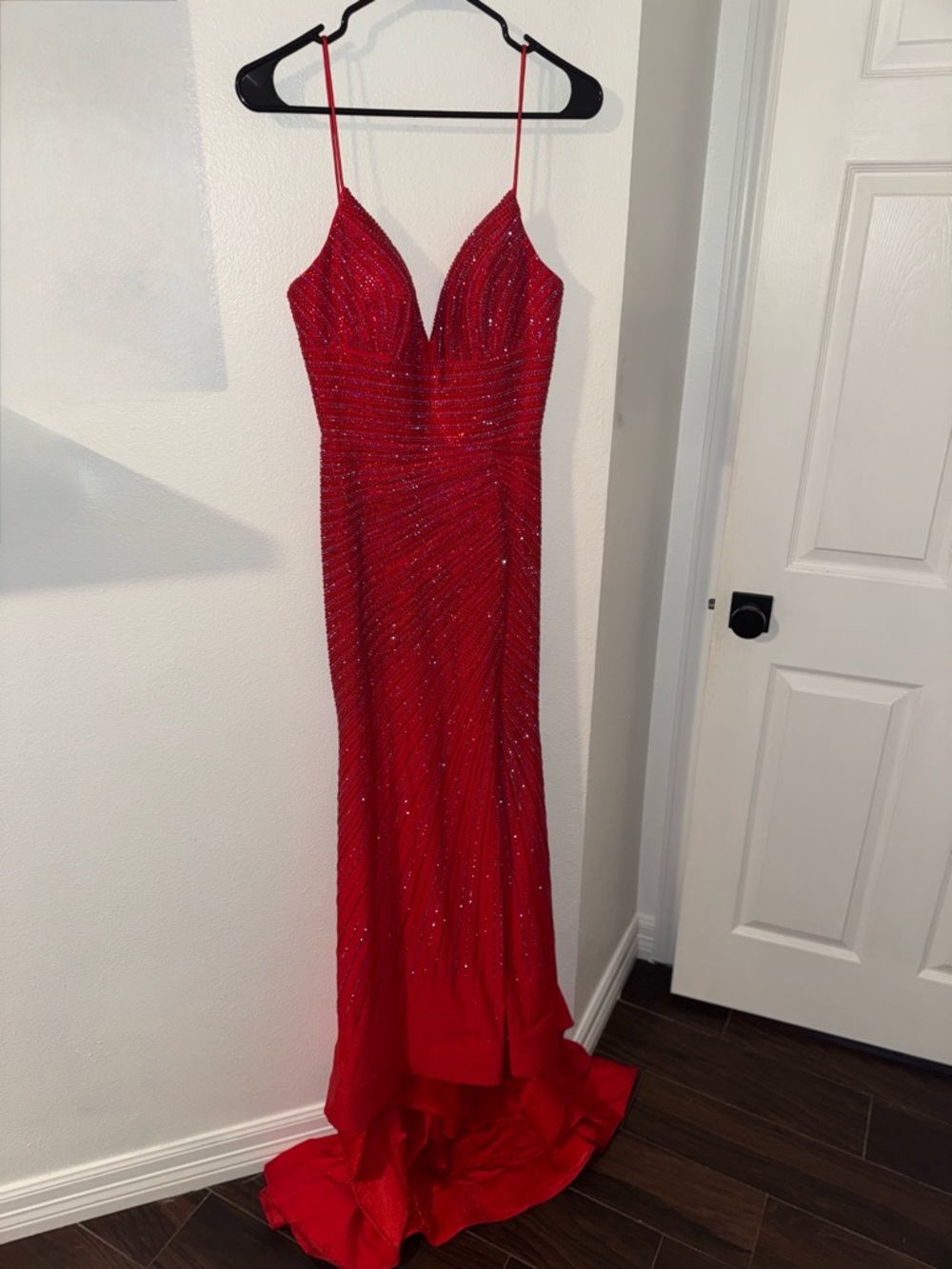 Sherri Hill Red Beaded Spaghetti Strap Prom Dress